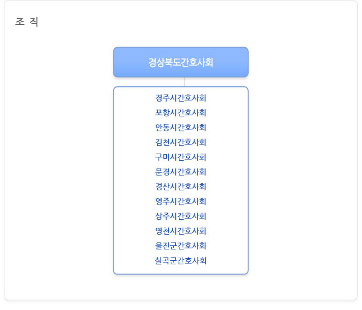 경상북도간호사회 조직 7개 분회 : 경주시간호사회, 포항시간호사회, 안동시간호사회, 김천시간호사회, 구미시간호사회, 문경시간호사회, 경산시간호사회, 영주시간호사회